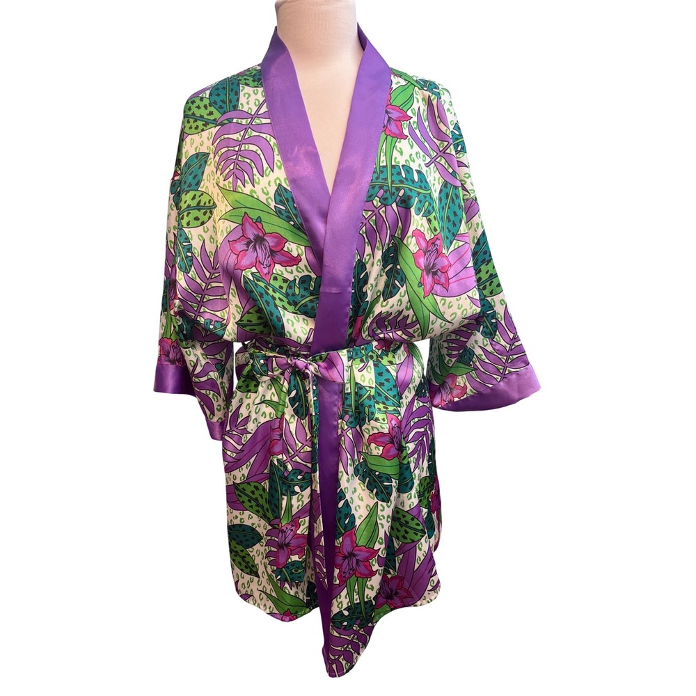 Body Drama Lingerie Robe Womens Small Purple Green Tropical Leopard Excellent
